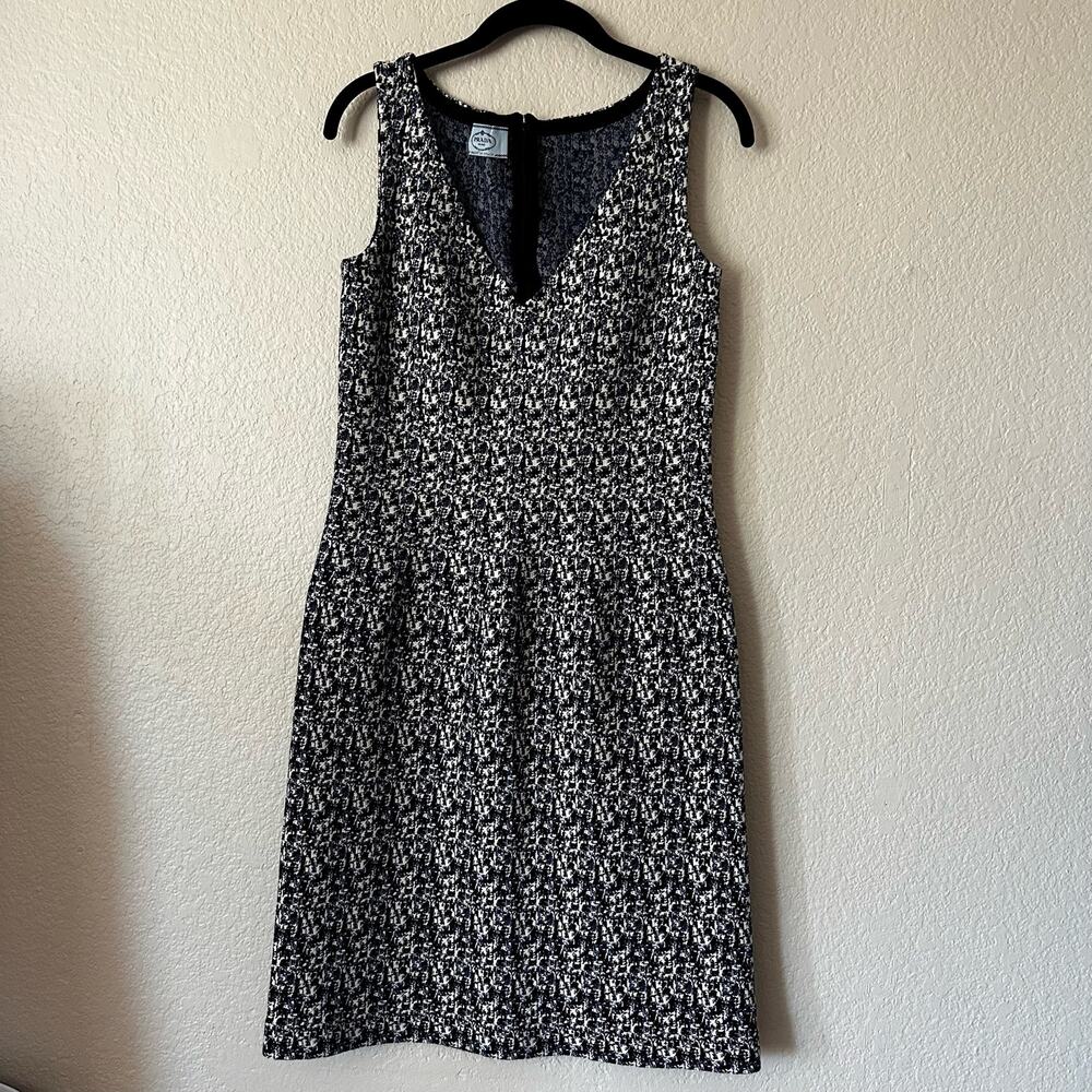 Prada A-Line V-Neck Sheath Mini Dress Printed Black Blue Size 42